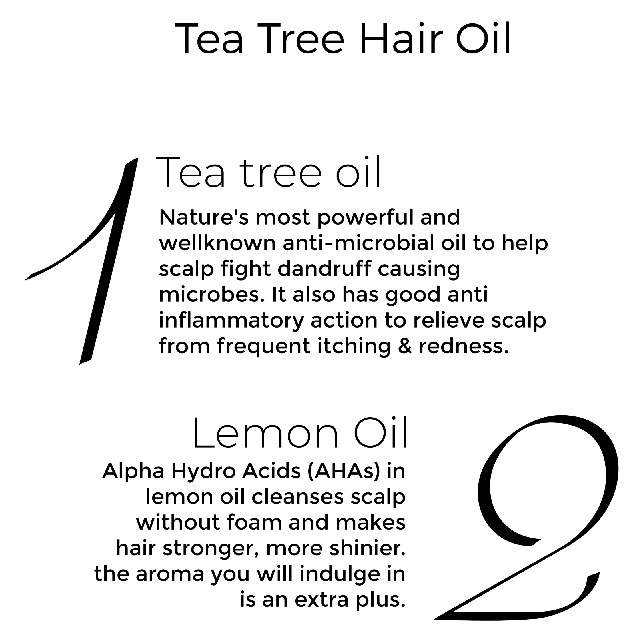 Key actives of Brillare Tea Tree Hair Oil  in text include: Tea Tree Oil and Lemon Oil