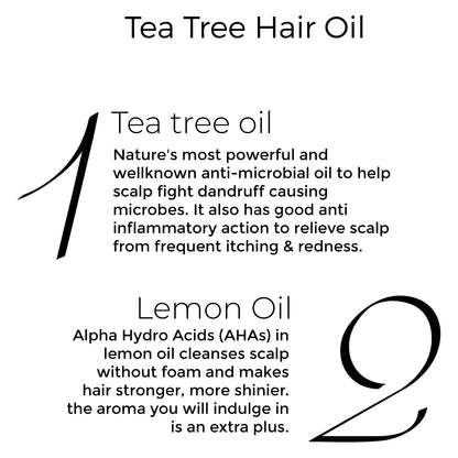 Key actives of Brillare Tea Tree Hair Oil  in text include: Tea Tree Oil and Lemon Oil