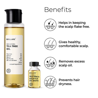 Brillare Tea Tree Oil and Brillare Tea Tree &amp; Salicylic Oil Shots with side text include benefits: helps in keeping the scalp flake free, gives healthy, comfortable scalp, removes excess scalp, prevents hair dryness. 