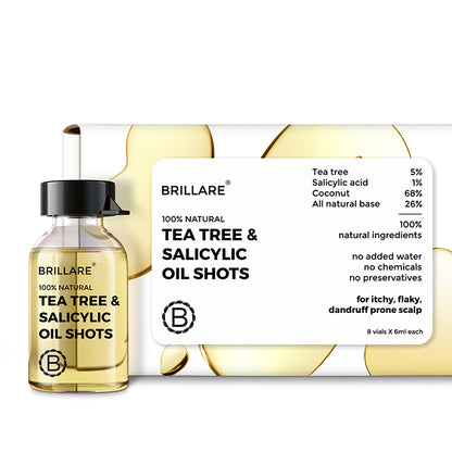 front view of Brillare Tea Tree &amp; Salicylic Oil shots and its outer box, ingredients mentioned on the product label.