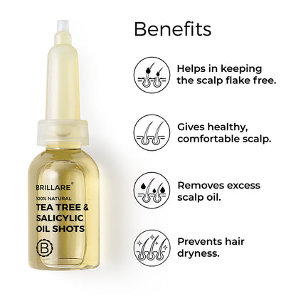 Brillare Tea Tree &amp; Salicylic Oil shots with side text include benefits: helps in keeping the scalp flake free, gives healthy, comfortable scalp, removes excess scalp oil, prevents hair dryness. 