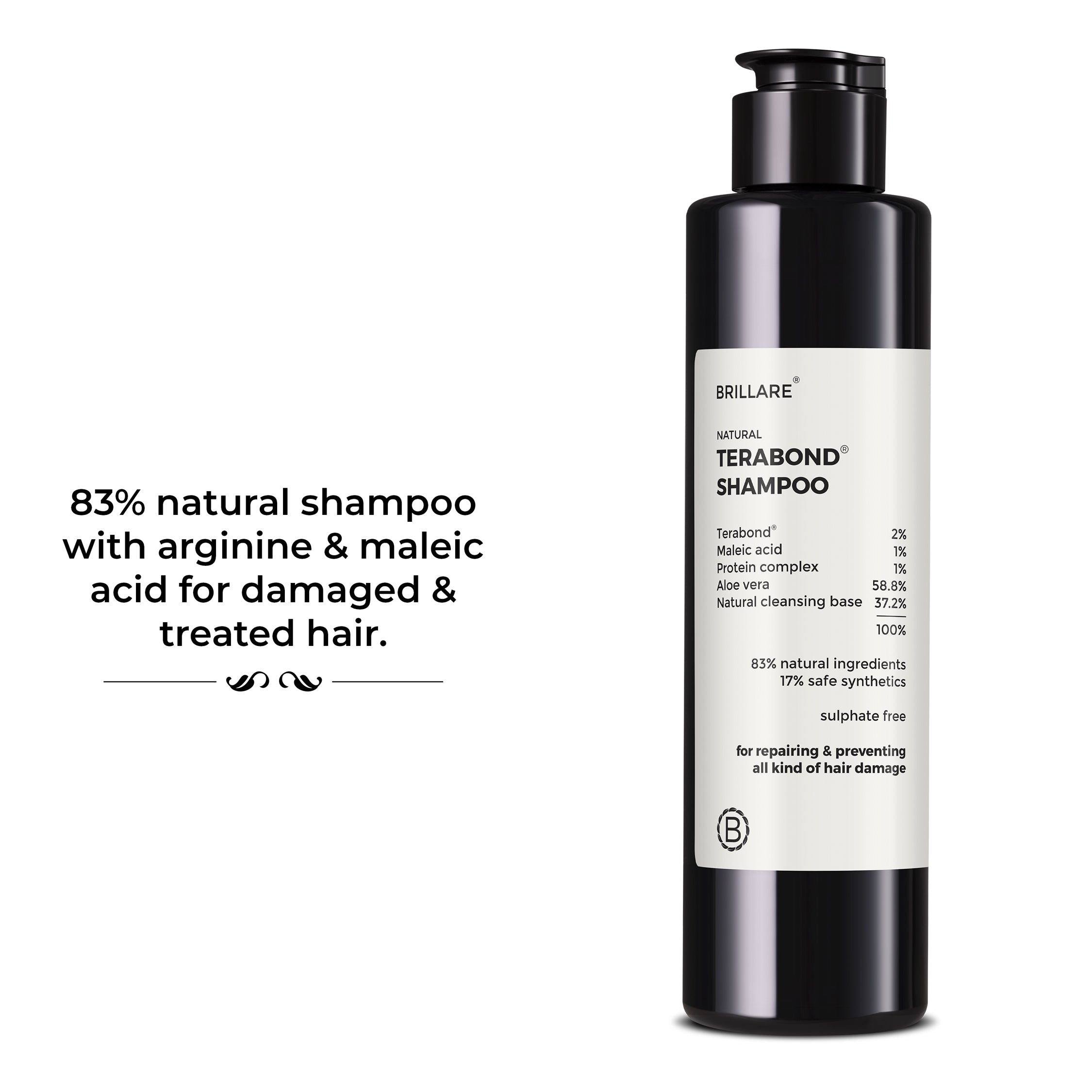 Brillare Terabond Shampoo, Text beside the bottle include: 83% natural shampoo with arginine &amp; maleic acid for damaged &amp; treated hair.