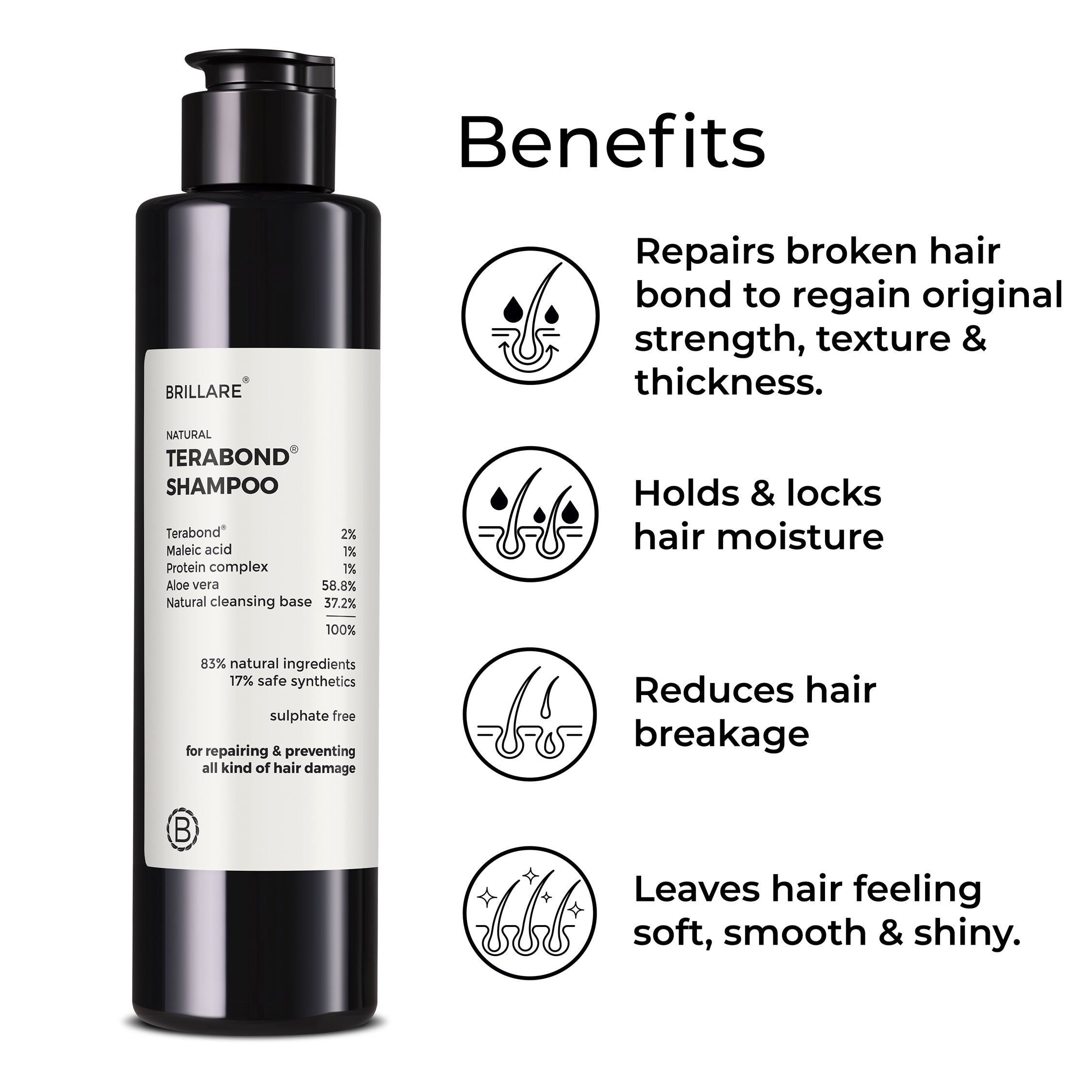 Brillare Terabond Shampoo bottle besides the text include benefits: repairs broken hair bonds to regain original strength, texture &amp; thickness, holds &amp; locks hair moisture, reduces hair breakage, leaves hair feeling soft, smooth &amp; shiny.