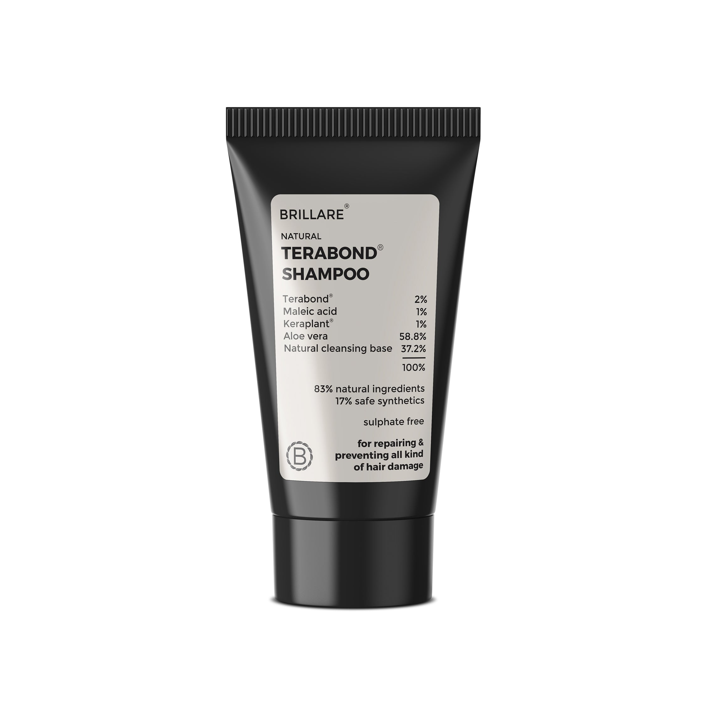 Brillare Mini Terabond Shampoo with ingredient list showing on the product label