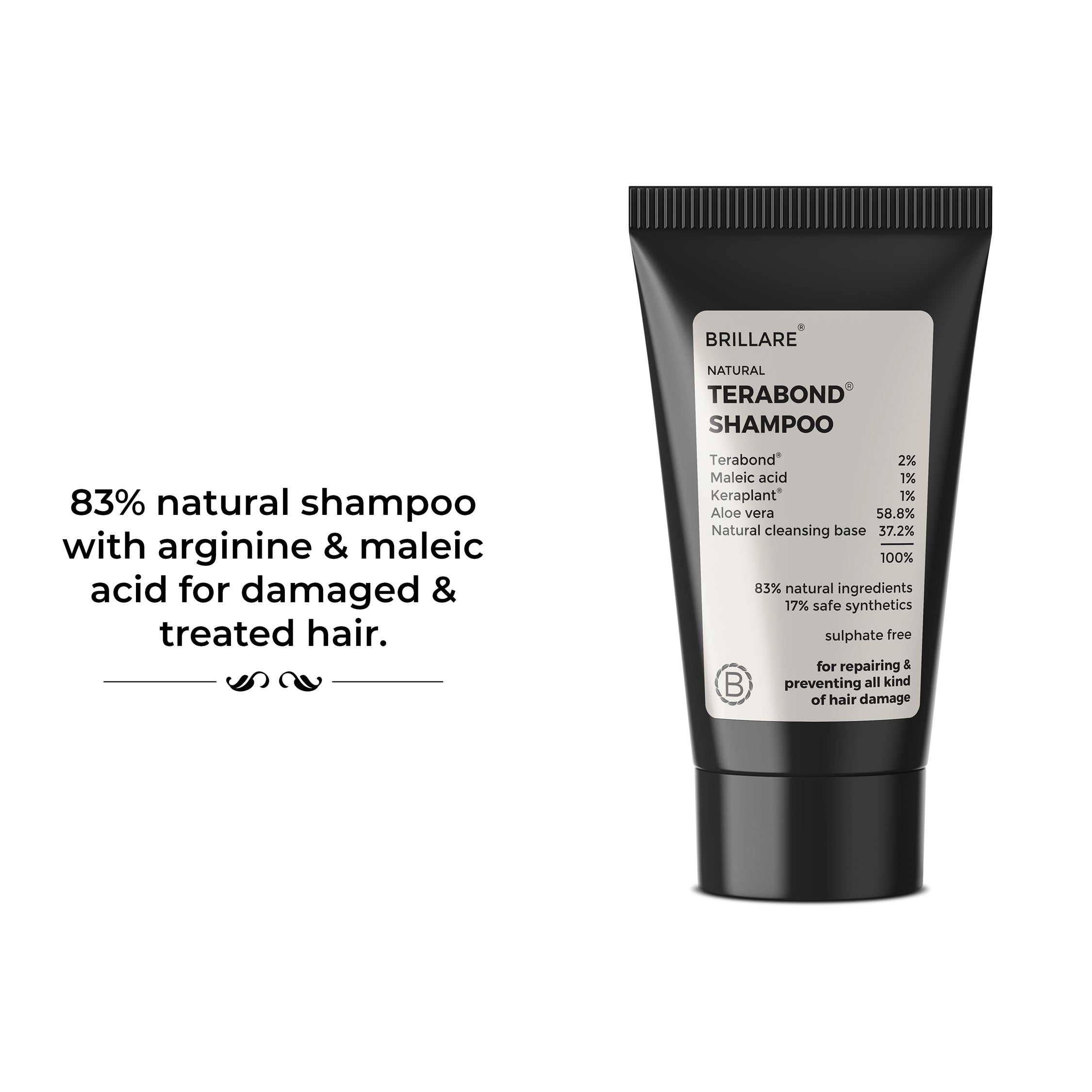 Brillare Mini Terabond Shampoo, Text beside the bottle include: 83% natural shampoo with arginine &amp; maleic acid for damaged &amp; treated hair.