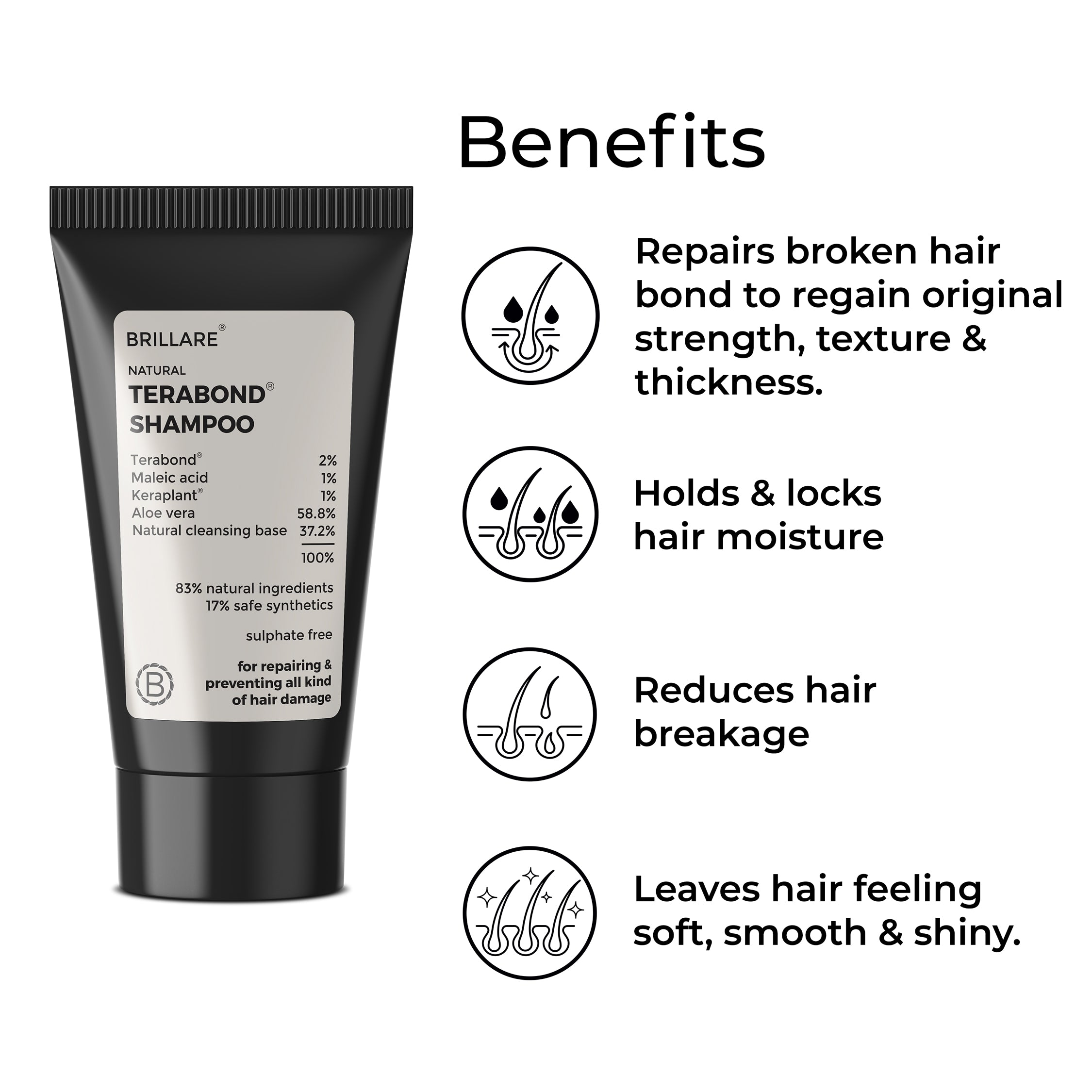 Brillare Mini Terabond Shampoo besides the text include benefits: repairs broken hair bonds to regain original strength, texture &amp; thickness, holds &amp; locks hair moisture, reduces hair breakage, leaves hair feeling soft, smooth &amp; shiny.