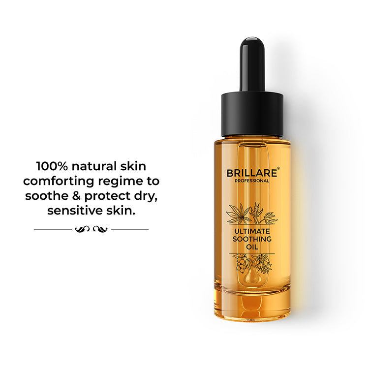 Brillare professional Ultimate soothing oil with side text include: 100% natural skin comforting regime to soothe &amp; protect dry sensitive skin.