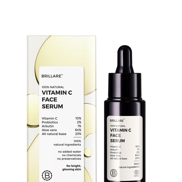 front view of Brillare Vitamin C Face Serum with its outer box, ingredients mentioned on the product label.