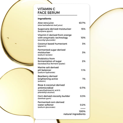 Brillare Vitamin C Face Serum complete ingredient list, 100% natural ingredients.