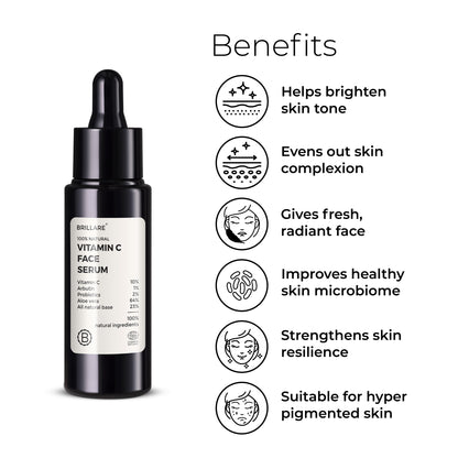 Brillare Vitamin C Face Serum with side text include benefits: helps brighten skin tone, evens out skin complexion, gives fresh, radiant face, improves healthy skin microbiome, strengthens skin resilience, suitable for hyper pigmented skin.