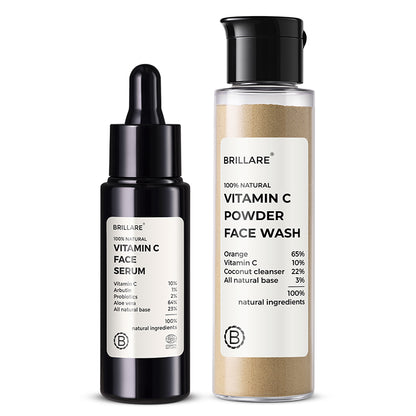 front view of Brillare Vitamin C Face Serum and Brillare Vitamin C Powder Face Wash, ingredients mentioned on the product label.