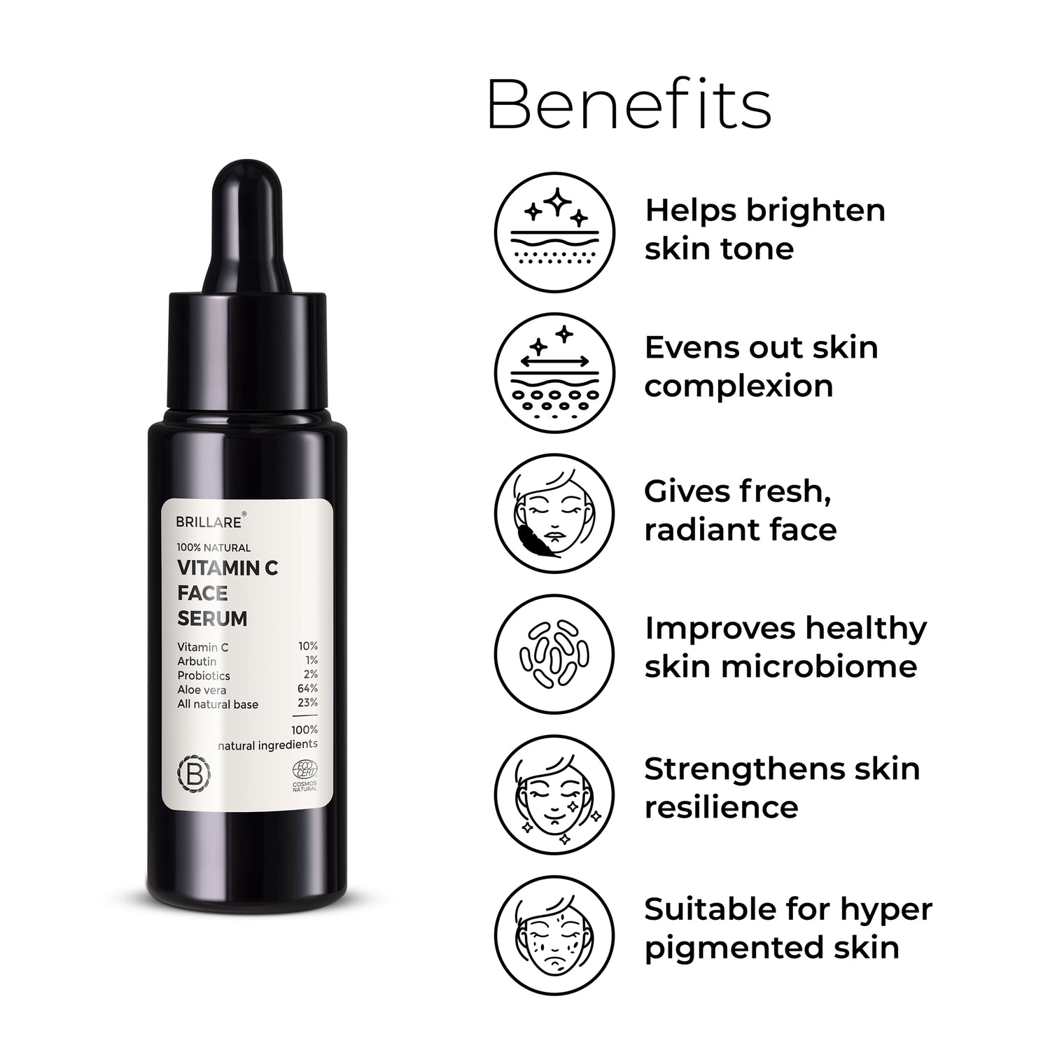 Brillare Vitamin C Face Serum with side text include benefits: helps brighten skin tone, evens out skin complexion, gives fresh, radiant face, improves healthy skin microbiome, strengthens skin resilience, suitable for hyper pigmented skin.