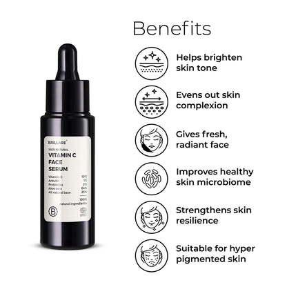 Brillare Vitamin C Face Serum with side text include benefits: helps brighten skin tone, evens out skin complexion, gives fresh, radiant face, improves healthy skin microbiome, strengthens skin resilience, suitable for hyper pigmented skin.