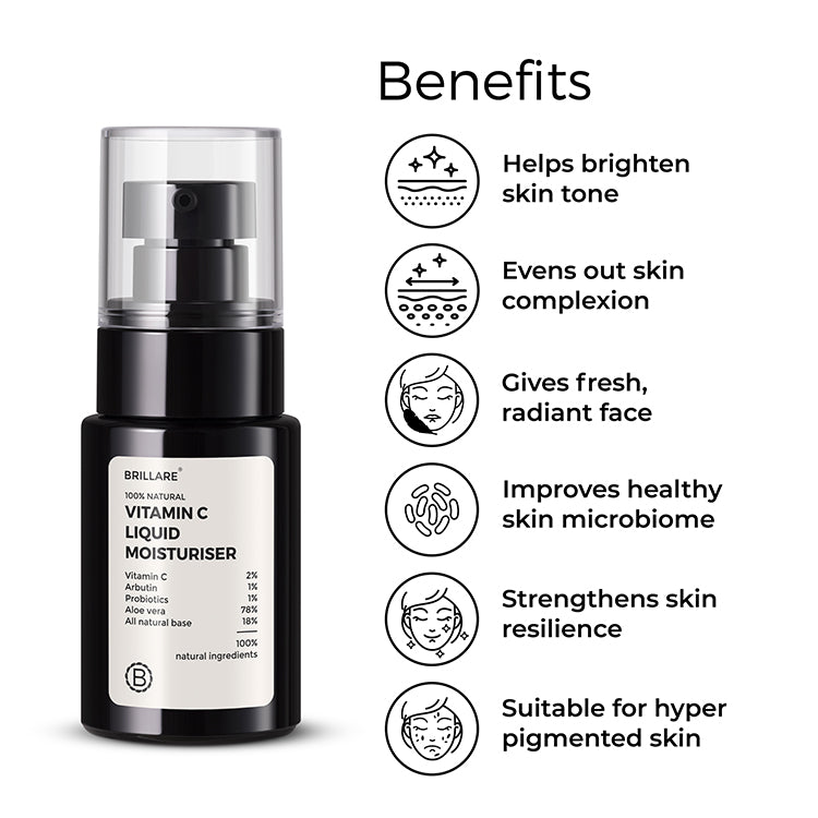 Vitamin C Liquid Moisturiser with the side benefits include: helps brighten skin tone, evens out skin complexion, gives fresh, radiant face, improves healthy skin microbiome, strengthens skin resilience, suitable for hyper pigmented skin.