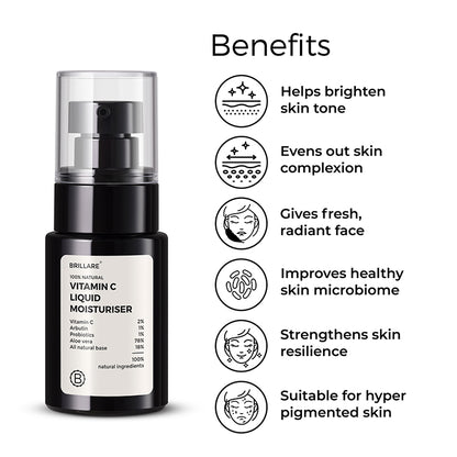 Vitamin C Liquid Moisturiser with the side benefits include: helps brighten skin tone, evens out skin complexion, gives fresh, radiant face, improves healthy skin microbiome, strengthens skin resilience, suitable for hyper pigmented skin.