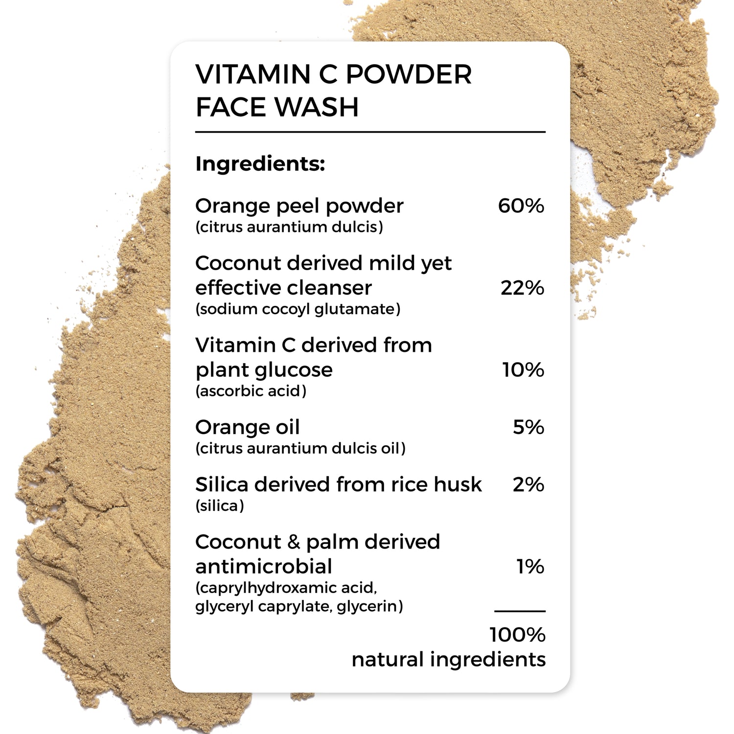 Brillare Vitamin C Powder Face Wash complete ingredient list, 100% natural ingredients.