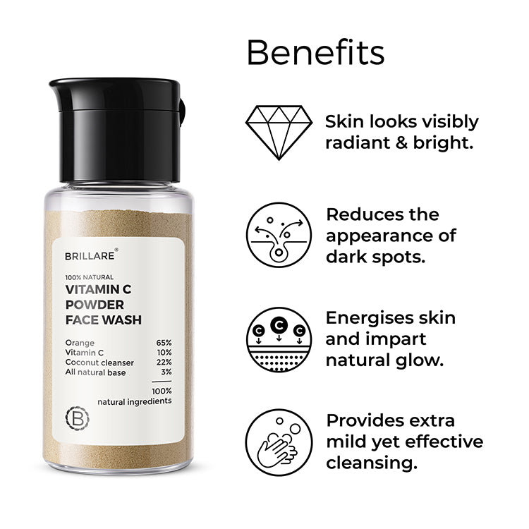 Brillare Vitamin C Powder Face wash side text include benefits: skin looks visibly radiant &amp; bright, reduces the appearance of dark spot, energises skin and impact natural glow, provides extra mild yet effective cleansing.