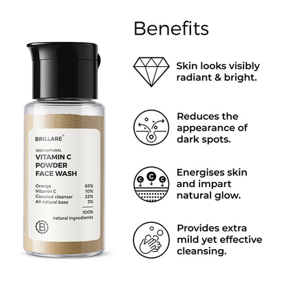 Brillare Vitamin C Powder Face wash side text include benefits: skin looks visibly radiant &amp; bright, reduces the appearance of dark spot, energises skin and impact natural glow, provides extra mild yet effective cleansing.