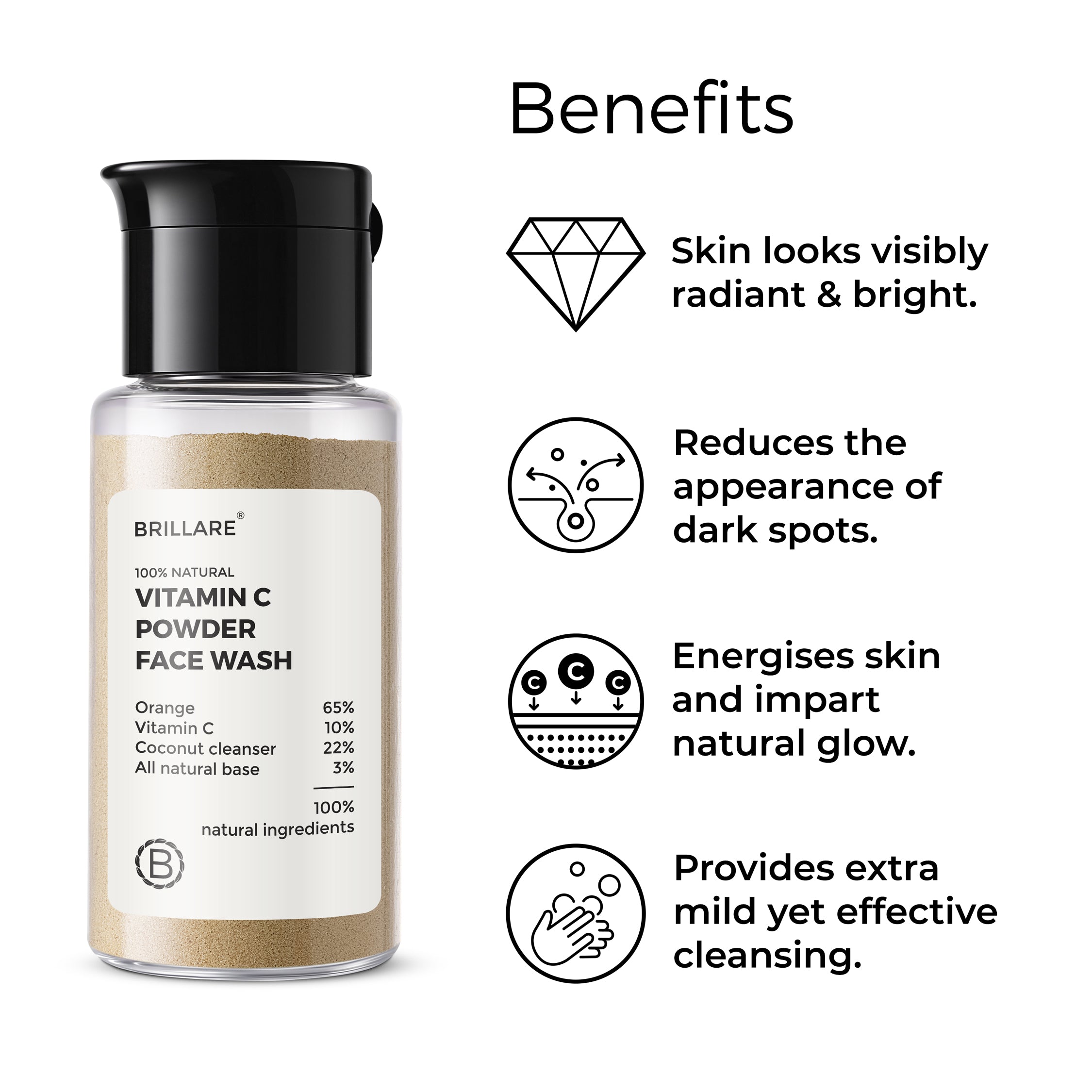 Brillare Vitamin C Powder Face Wash with side text include benefits: skin looks visibly radiant &amp; bright, reduces the appearance of dark spots, energises skin and impart natural glow, provides extra mild yet effective cleansing. 