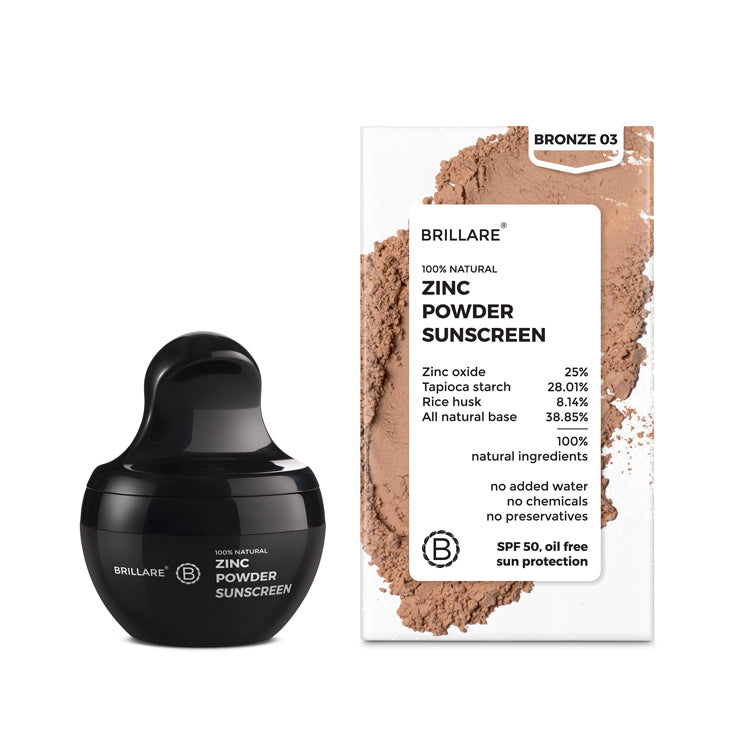 front view of Brillare Bronze Zinc Powder Sunscreen with its outer box. Ingredients mentioned on the cartoon box.