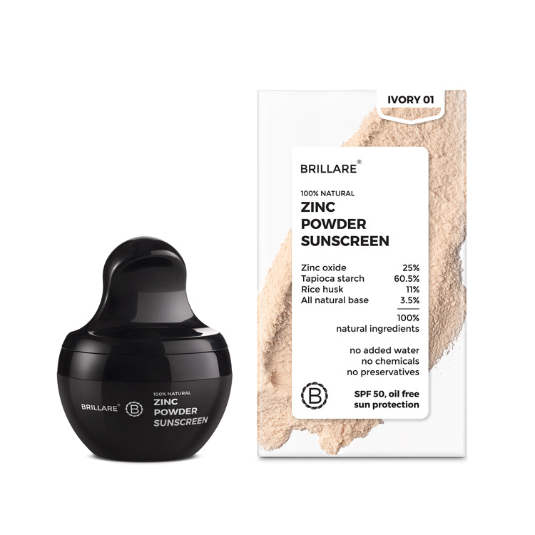 Front image of Brillare Ivory Zinc Powder Sunscreen  with its outer cartoon box. Ingredients mentioned on the box.