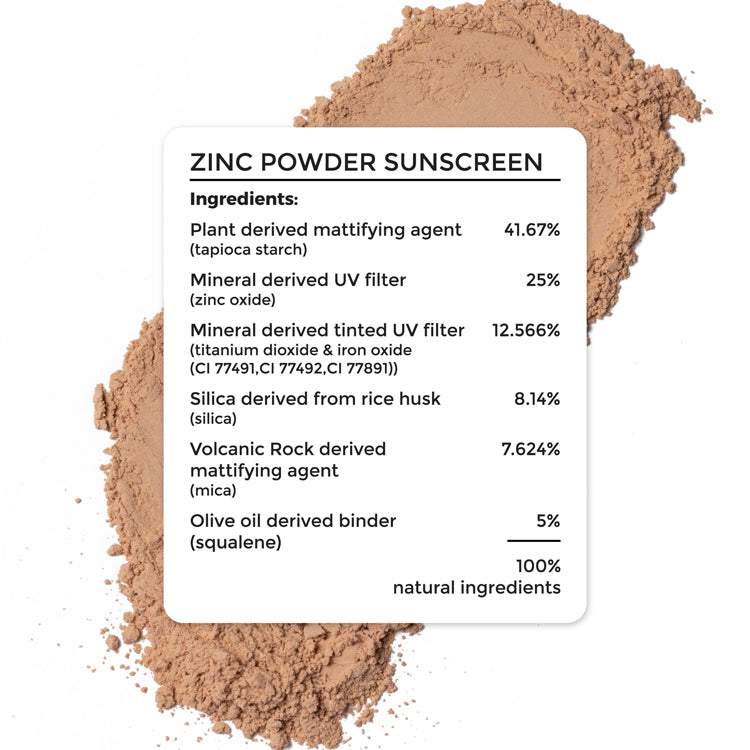 complete ingredient list of Brillare Zinc Powder Sunscreen. 100% natural ingredients. 