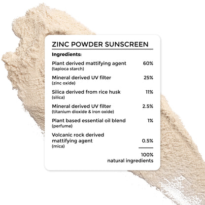 complete ingredient list of Brillare Zinc Powder Sunscreen. 100% natural ingredients. 