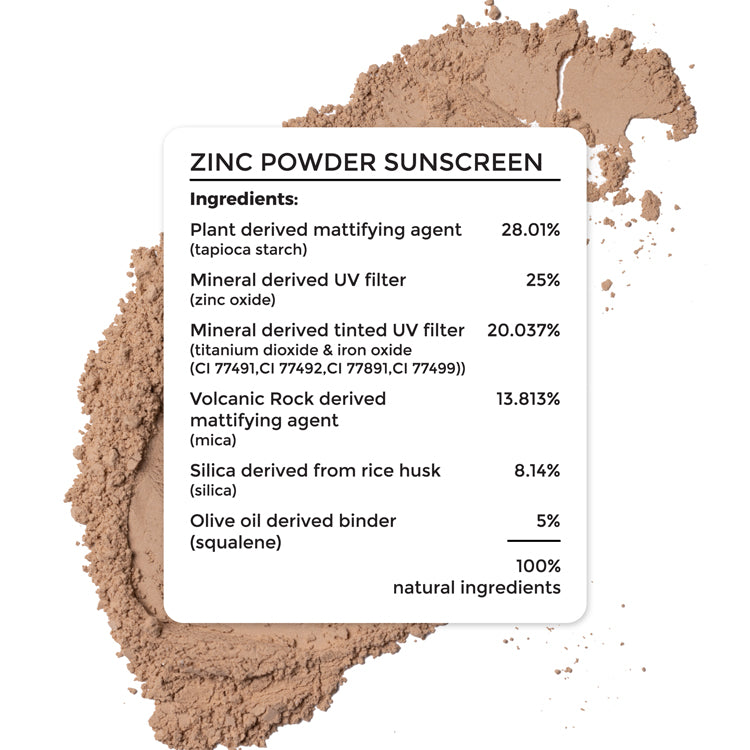 complete ingredient list of Brillare Zinc Powder Sunscreen. 100% natural ingredients. 