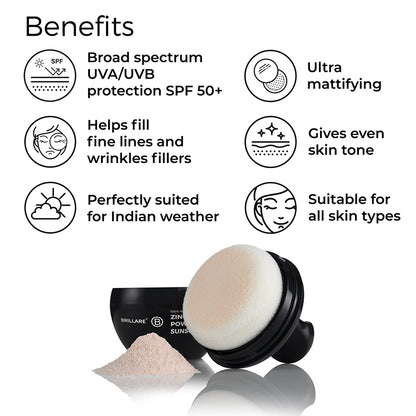 Brillare Zinc Powder Sunscreen with Benefits mentioned in side text include: Broad spectrum UVA/UVB protection SPF 50+, Ultra mattifying, Helps fill fine lines and wrinkles fillers, Gives even skin tone, Perfectly suited for Indian weather, Suitable for all skin types