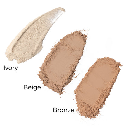 Different variants of Zinc Powder Sunscreen: Ivory, Beige and Bronze.