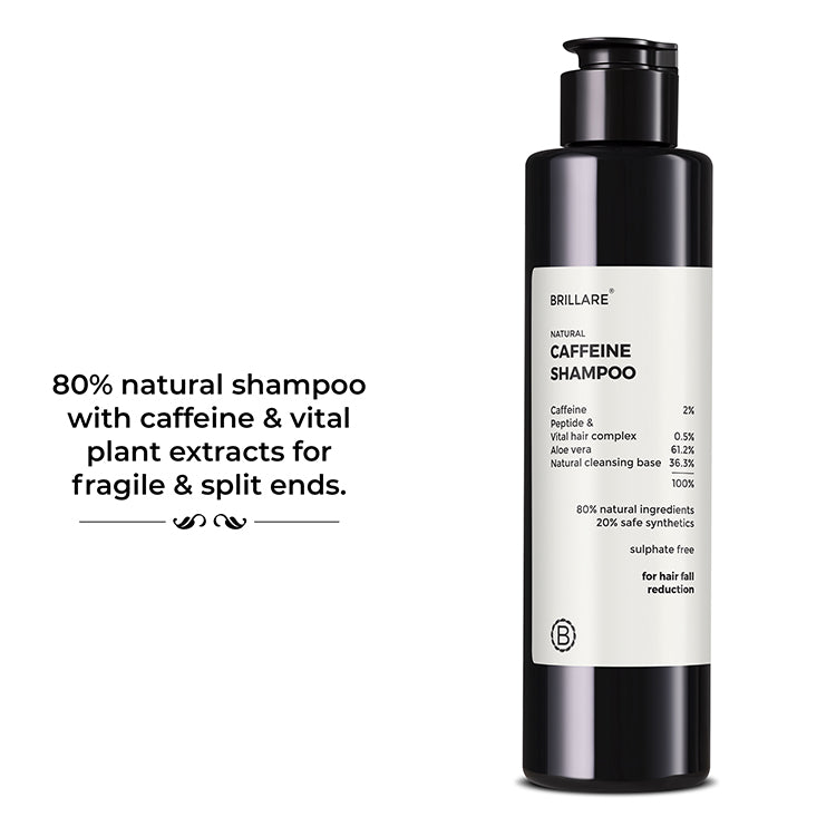 Brillare Caffeine Shampoo, Text beside the bottle include: 80% natural shampoo with caffeine &amp; Vital plant extracts for fragile &amp; split ends. 