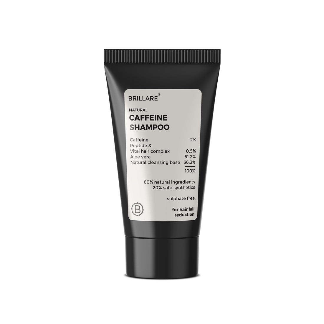 Brillare Mini Caffeine Shampoo with ingredient list showing on the product label