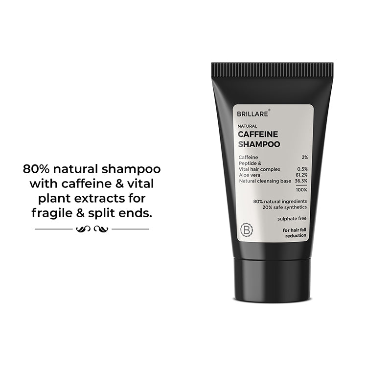 Brillare Mini Caffeine Shampoo, Text beside the bottle include: 80% natural shampoo with caffeine &amp; Vital plant extracts for fragile &amp; split ends. 