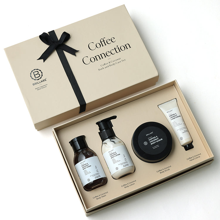 Brillare Coffee Connection Gift Box with Coffee &amp; Coconut Body Wash, Body Lotion, Body Scrub and and Creme.