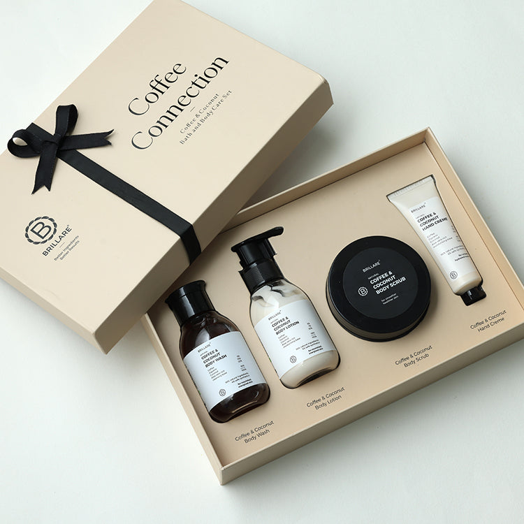 Brillare Coffee Connection Gift Box with Coffee &amp; Coconut Body Wash, Body Lotion, Body Scrub and and Creme.