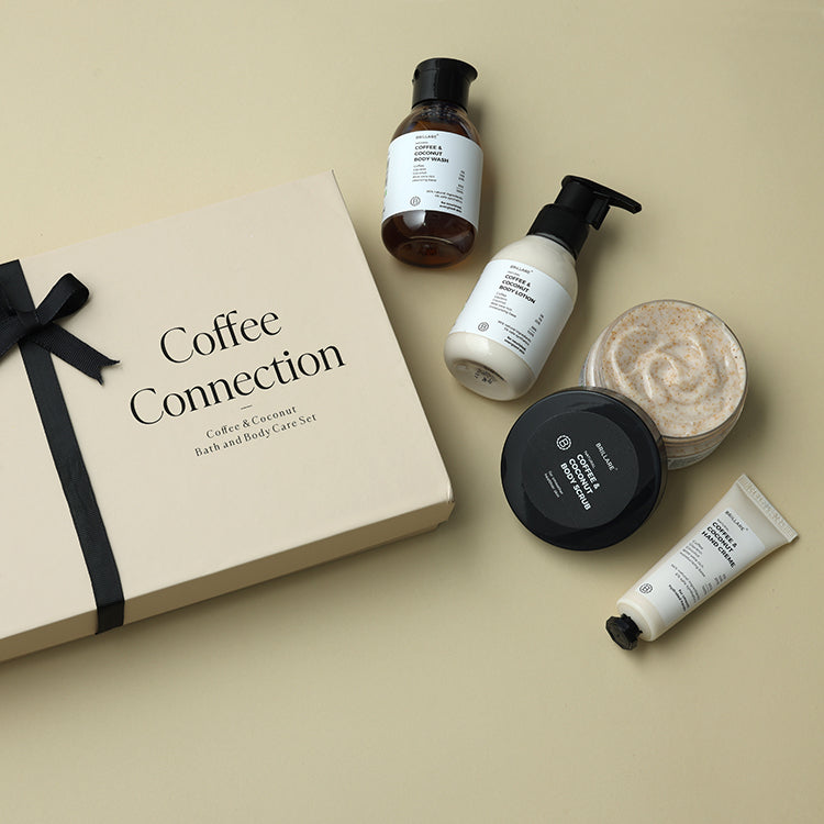 Brillare Coffee Connection Gift Box with Coffee &amp; Coconut Body Wash, Body Lotion, Body Scrub and and Creme.