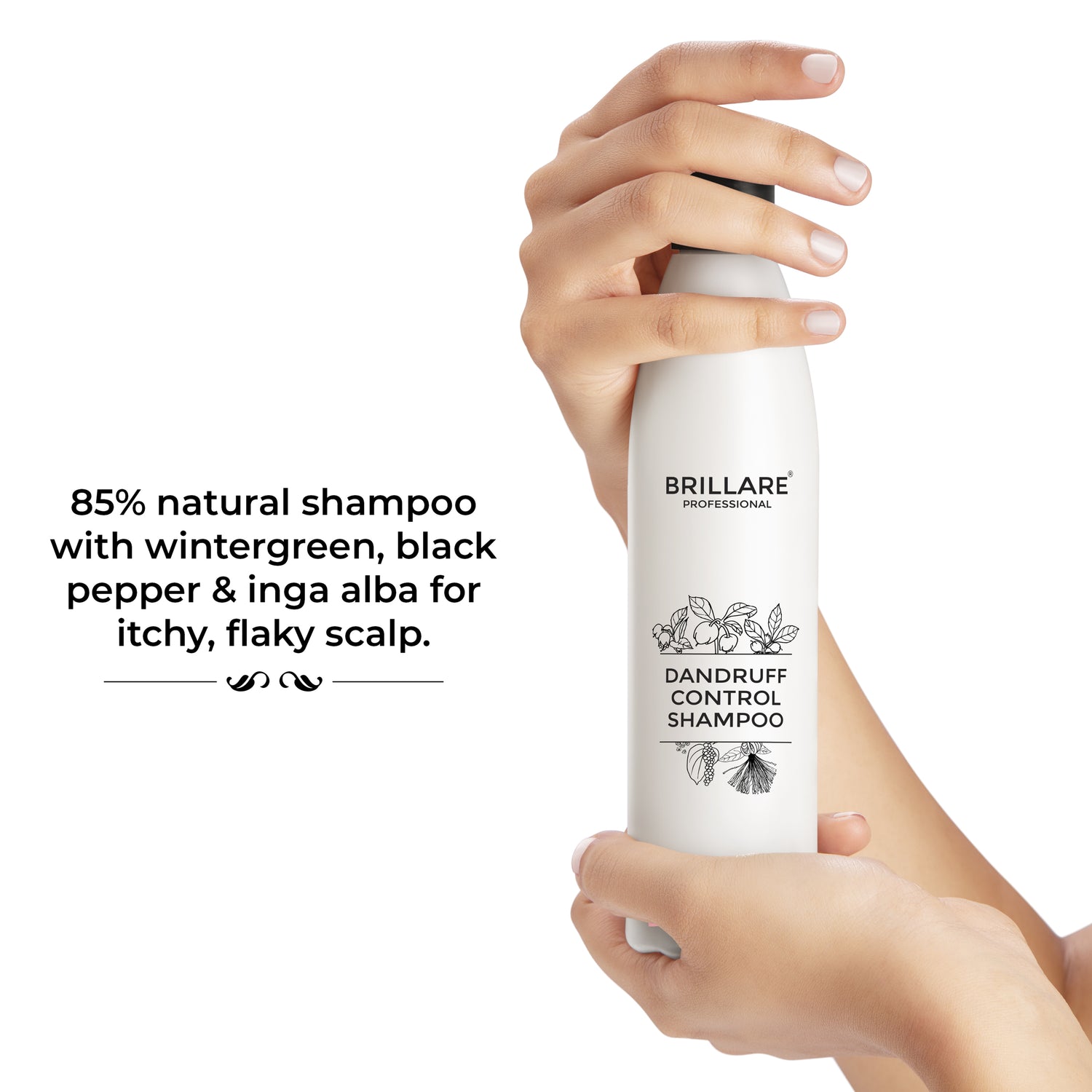 Brillare Dandruff Control Shampoo bottle with text include: 85% natural shampoo with wintergreen, black pepper &amp; inga alba for itchy, flaky scalp.