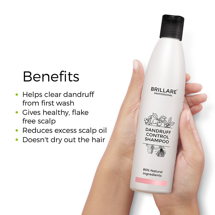 Brillare Dandruff Control Shampoo bottle with 85% natural ingredients with the benefits in text include: helps clear dandruff from first wash, gives healthy, flake free scalp, reduces excess scalp oil, doesn&