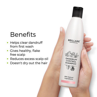 Brillare Dandruff Control Shampoo bottle with 85% natural ingredients with the benefits in text include: helps clear dandruff from first wash, gives healthy, flake free scalp, reduces excess scalp oil, doesn&