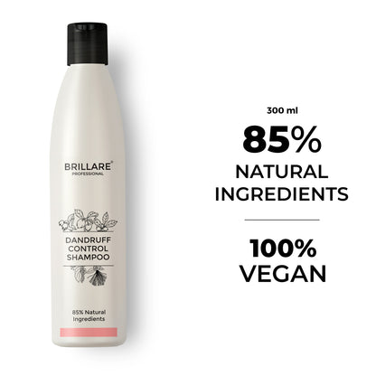 Brillare Dandruff Control Shampoo bottle with 85% natural ingredients and 100% vegan formula, 300 ml.