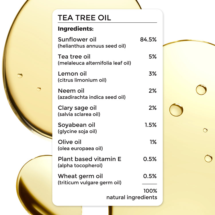 complete ingredient list of Brillare Tea Tree Oil, 100% natural ingredients.