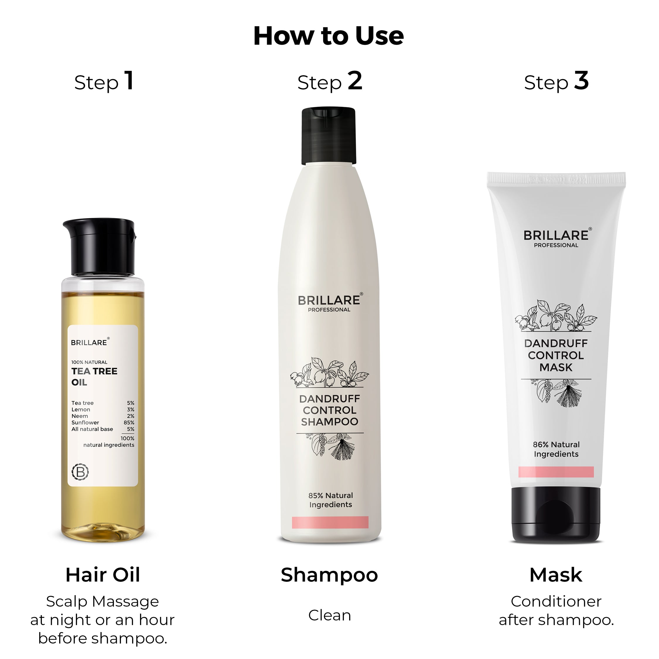 steps of how to use Brillare Tea Tree Oil, Dandruff Control Shampoo &amp; Dandruff Control Conditioner.