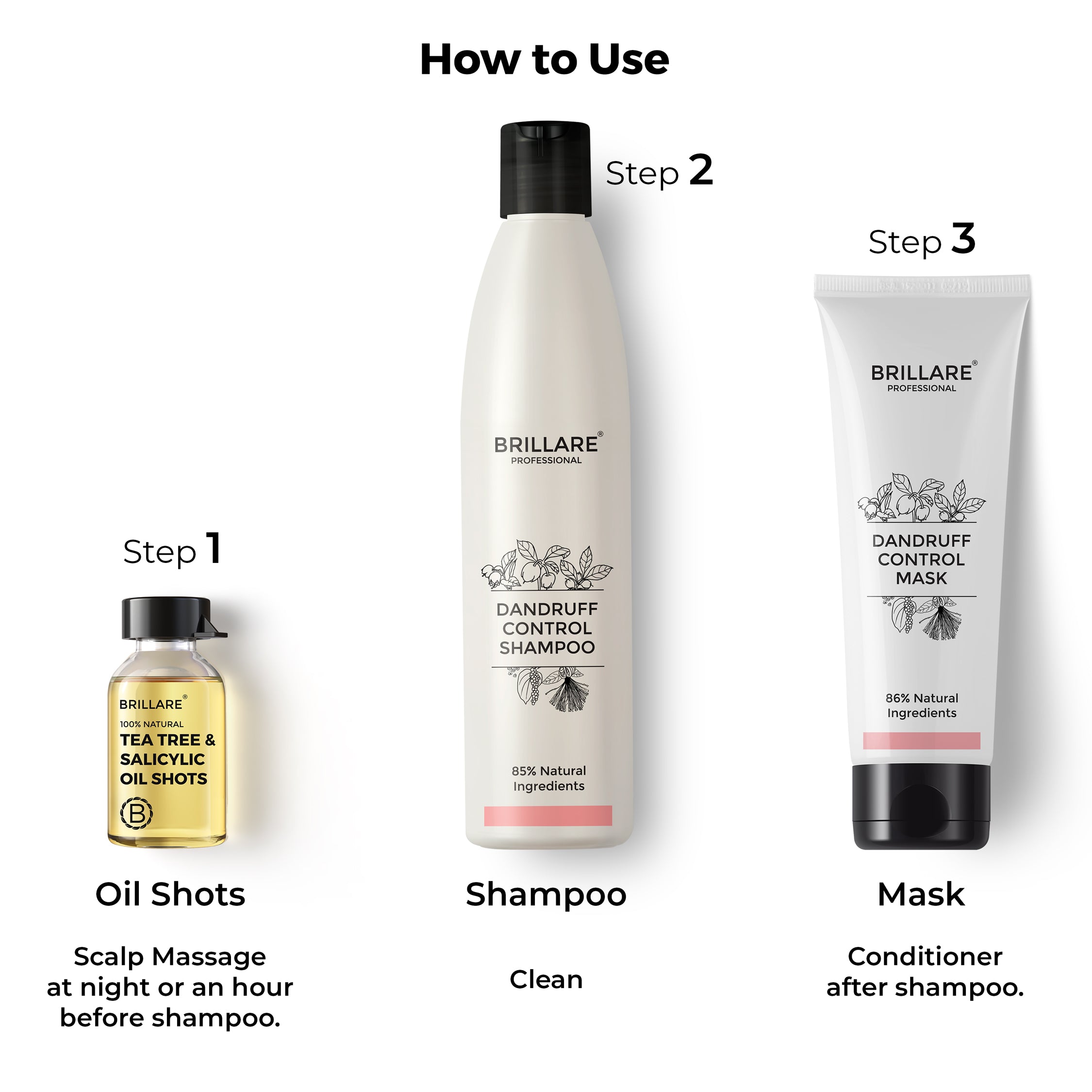 how to use steps of Brillare Tea Tree &amp; Salicylic Oil Shots, Dandruff Control Shampoo &amp; Dandruff Control Conditioner.