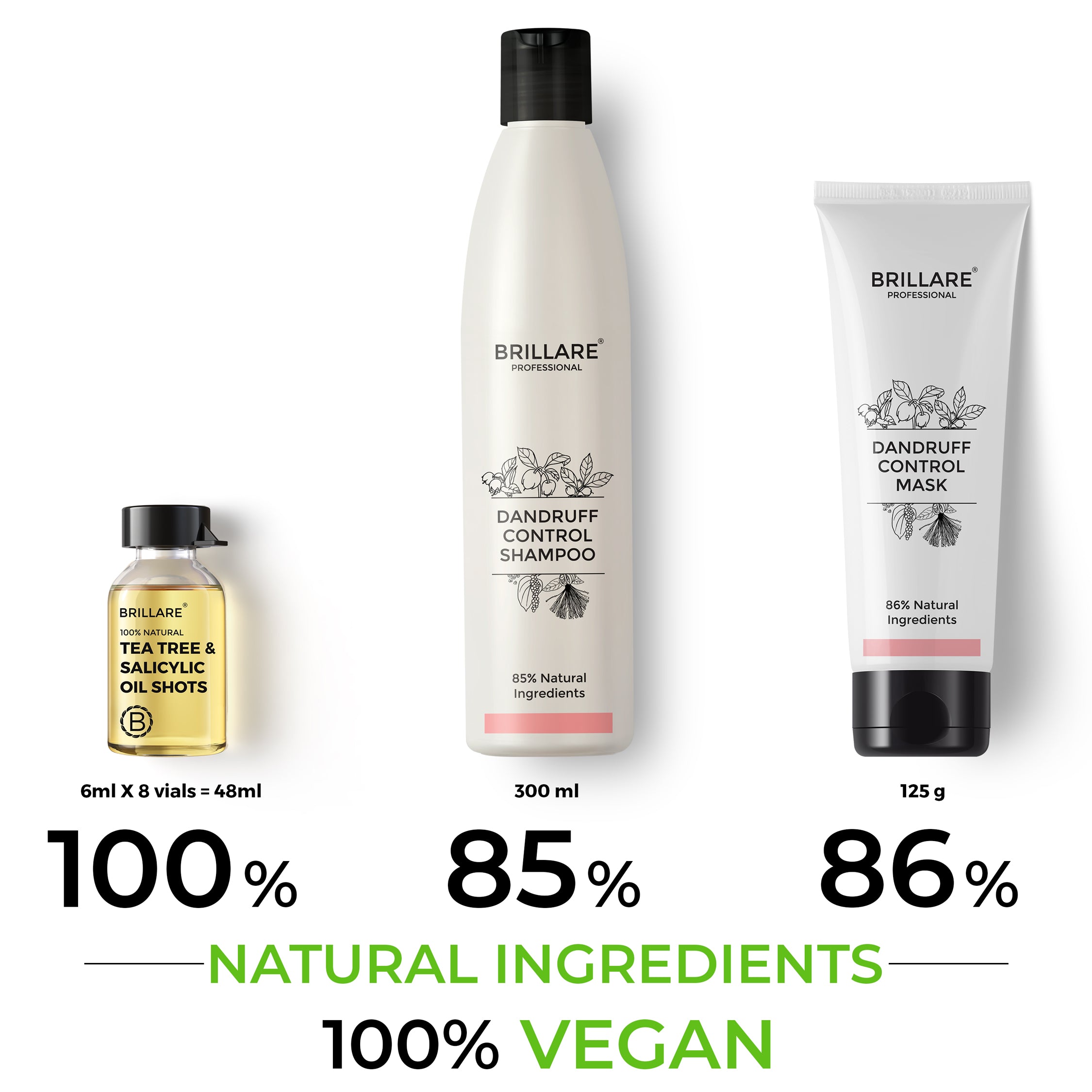 Brillare Tea Tree &amp; Salicylic Oil Shots, Dandruff Control Shampoo &amp; Dandruff Control Conditioner with side text include their nature score and 100% vegan.