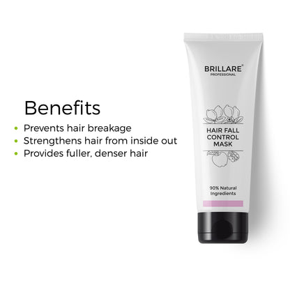 Brillare Professional Hair Fall Control Mask with the side text include benefits: prevents hair breakage, strengthens hair from inside out, provides fuller, denser hair.