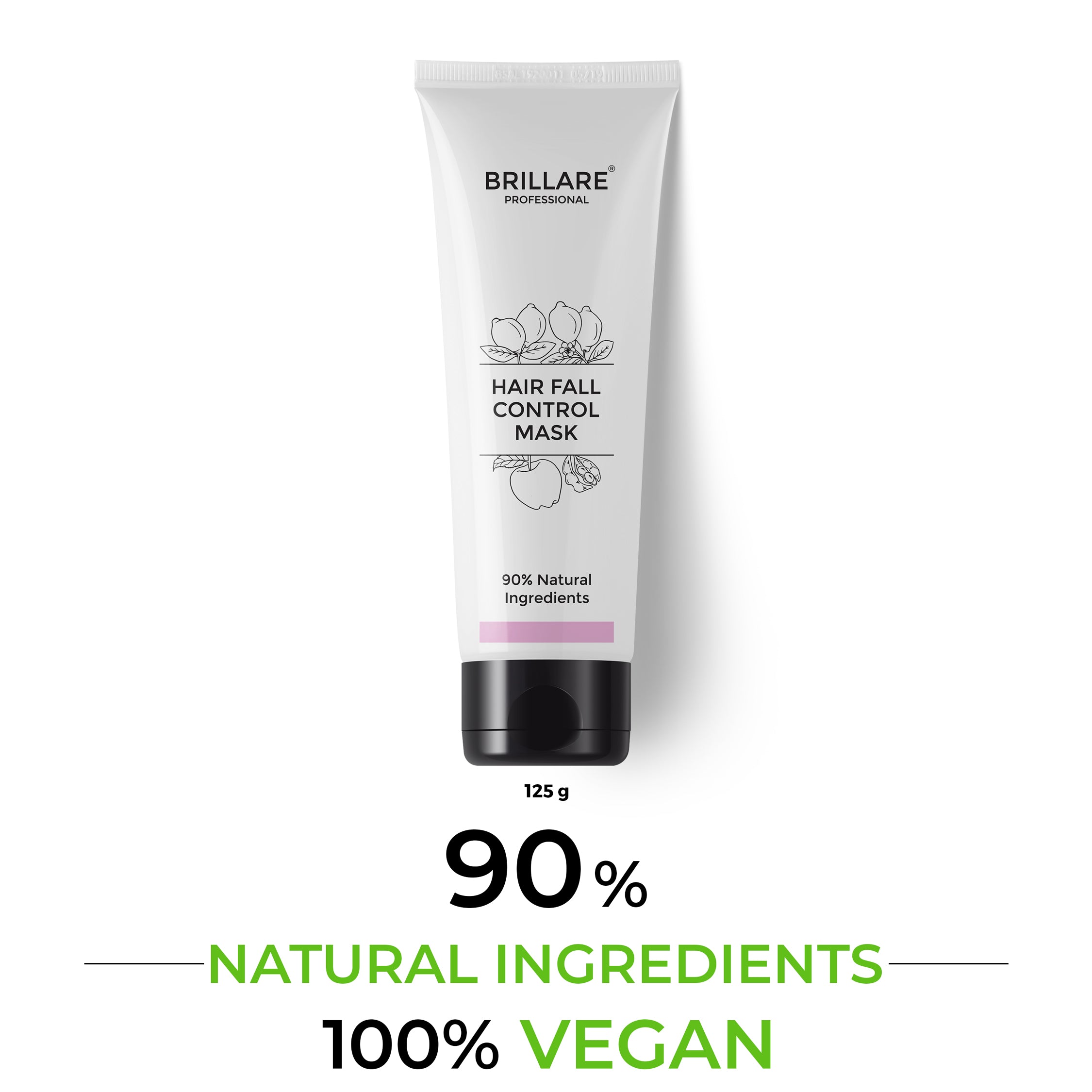 Brillare Professional Hair Fall Control Mask with the text include: 90% natural ingredients, 100% vegan and 125g