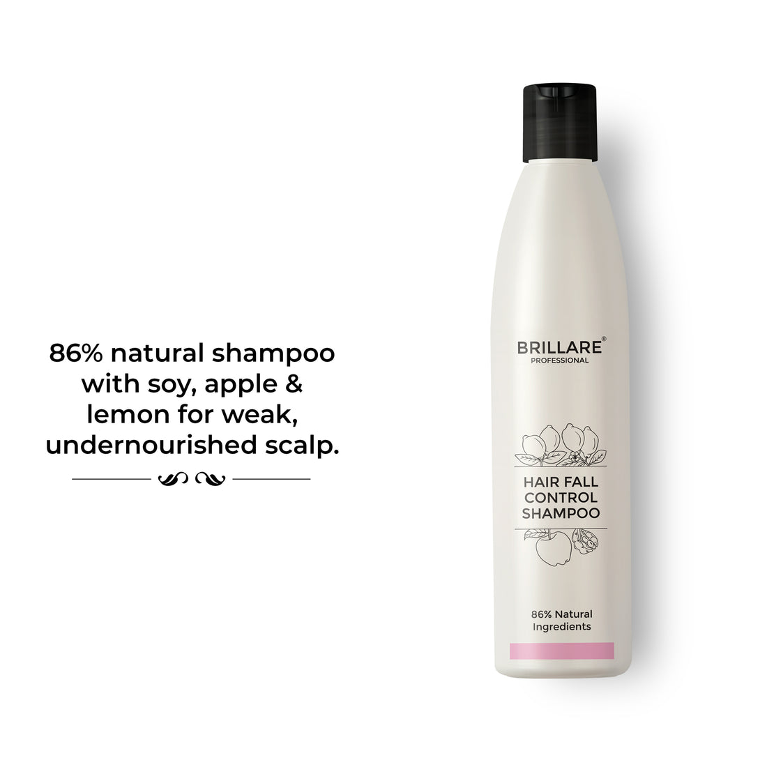 A bottle of Brillare Professional Hair Fall Control Shampoo is shown against a white background. The shampoo bottle highlights that it contains 86% natural ingredients. Text beside the bottle reads: &