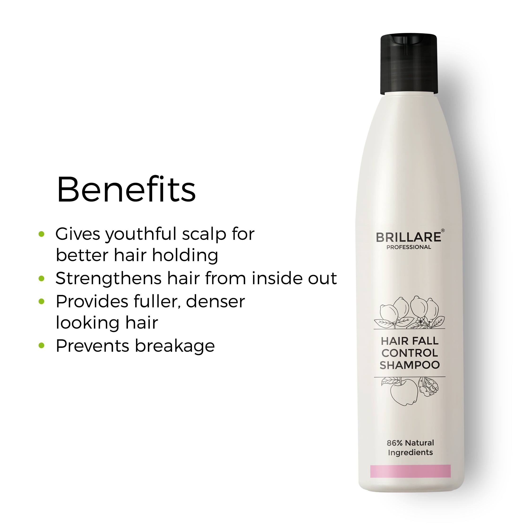 A bottle of Brillare Professional Hair Fall Control Shampoo displayed against a white background. Benefits listed next to the bottle include: gives a youthful scalp for better hair holding, strengthens hair from the inside out, provides fuller, denser-looking hair, and prevents breakage.