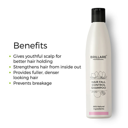 A bottle of Brillare Professional Hair Fall Control Shampoo displayed against a white background. Benefits listed next to the bottle include: gives a youthful scalp for better hair holding, strengthens hair from the inside out, provides fuller, denser-looking hair, and prevents breakage.