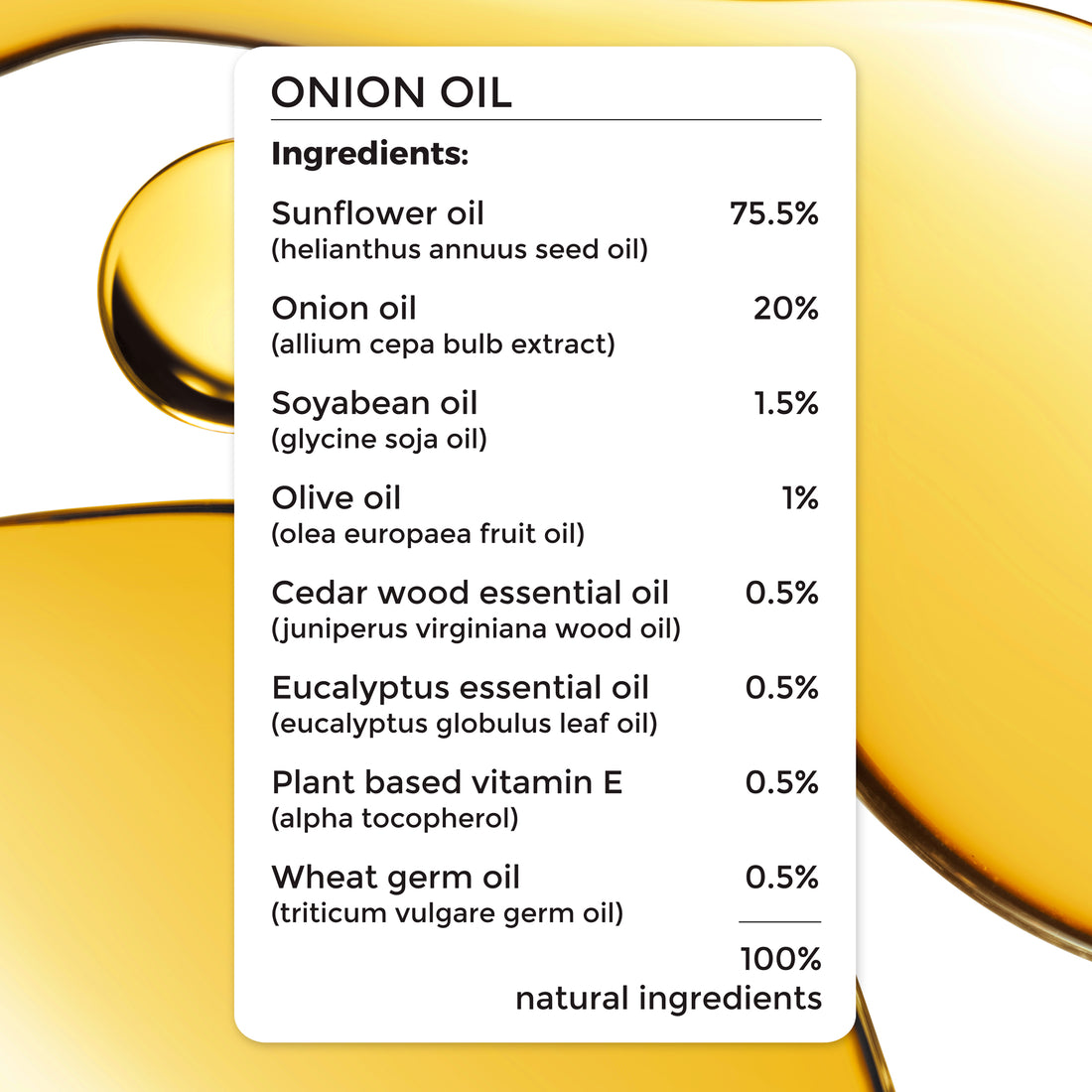 complete ingredient list of Brillare Onion Oil, 100% natural ingredients.